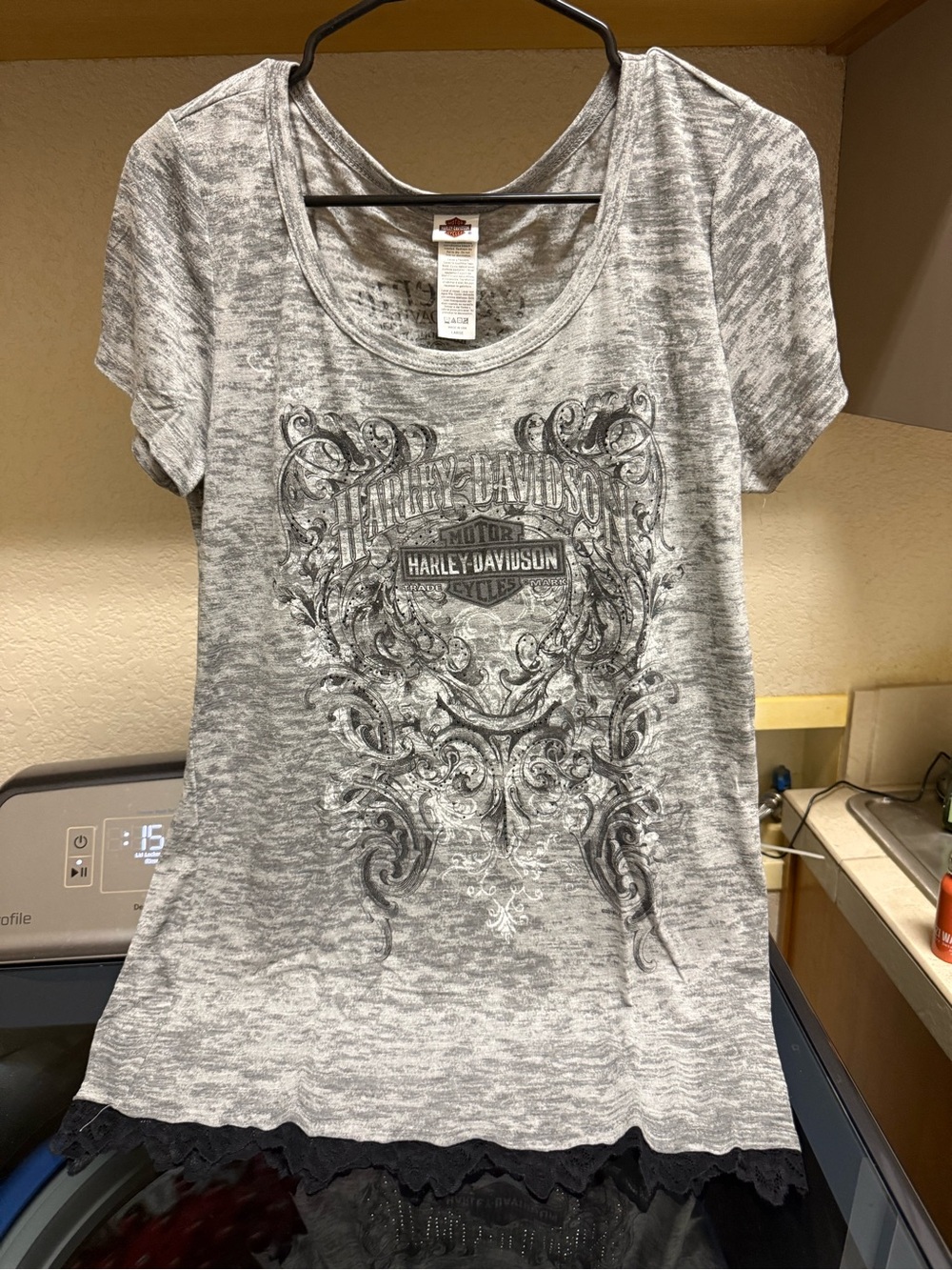 Harley-Davidson Women's Heather Gray Graphic Scoop Tee with Black Lace Trim